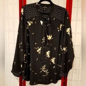 Floral And Polka Dot Black Blouse with Tie Neck